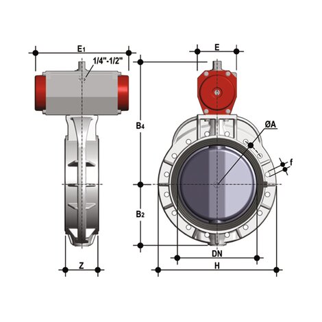 FKOM/CP NO - Pneumatically actuated butterfly valve DN 350:400