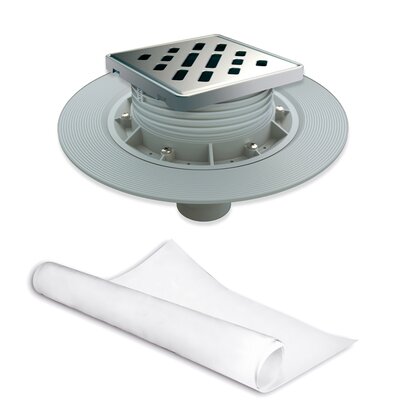 Floor gully for masonry built shower tray. Vertical outlet. Stainless Steel grid 112 x 112 mm. With water tightening fabric in PVC 2 x 1.5 m (glued)