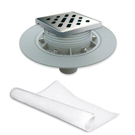 Floor gully for masonry built shower tray. Vertical outlet. Stainless Steel grid 112 x 112 mm. With water tightening fabric in PVC 2 x 1.5 m (glued) Floor gully for masonry built shower tray. Vertical outlet. Stainless Steel grid 112 x 112 mm. With water tightening fabric in PVC 2 x 1.5 m (glued)