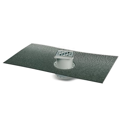 Floor gully for masonry built shower tray. Horizontal outlet. 100 mm grid. 50mm trap. With water tightening fabric in PVC 2 x 1.5 m (glued). Floor gully for masonry built shower tray. Horizontal outlet. 100 mm grid. 50mm trap. With water tightening fabric in PVC 2 x 1.5 m (glued).