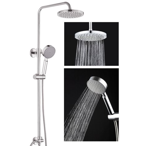 Shower column that consists of an stainless steel tube, a round shaped rain overhead and Ø10 cm anti-lime hanshower. Shower column that consists of an stainless steel tube, a round shaped rain overhead and Ø10 cm anti-lime hanshower.