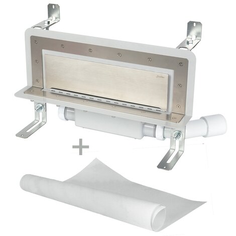 Accessible wall slot channel with 30 mm trap. With geo-textile water tightening fabric. Lateral orientable outlet Accessible wall slot channel with 30 mm trap. With geo-textile water tightening fabric. Lateral orientable outlet