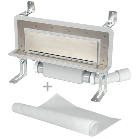 Accessible wall slot channel with 50 mm trap. With geo-textile water tightening fabric. Lateral orientable outlet Accessible wall slot channel with 50 mm trap. With geo-textile water tightening fabric. Lateral orientable outlet
