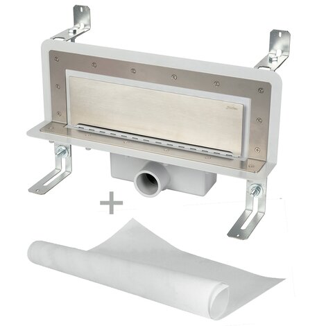 Accessible wall slot channel with 30 mm trap. With geo-textile
water tightening fabric. Frontal outlet to be glued Accessible wall slot channel with 30 mm trap. With geo-textile
water tightening fabric. Frontal outlet to be glued
