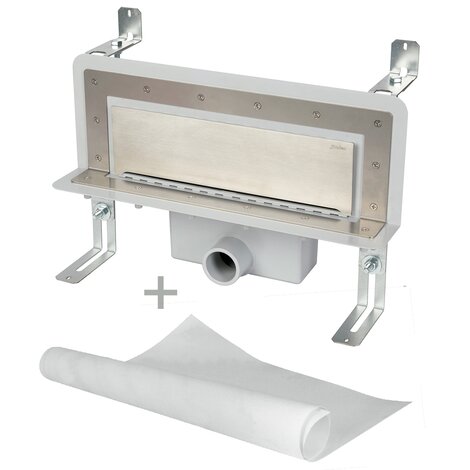 Accessible wall slot channel with 50 mm trap. With geo-textile
water tightening fabric. Frontal outlet to be glued Accessible wall slot channel with 50 mm trap. With geo-textile
water tightening fabric. Frontal outlet to be glued