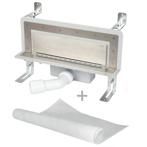 Accessible wall slot channel with 30 mm trap. With geo-textile water tightening fabric. Frontal orientable outlet Accessible wall slot channel with 30 mm trap. With geo-textile water tightening fabric. Frontal orientable outlet