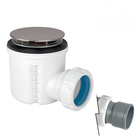 Reduced height shower tray waste outlet, removable trap 50 mm. Reduced height shower tray waste outlet, removable trap 50 mm.