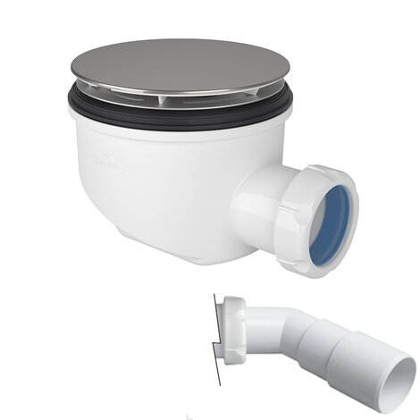Reduced height shower tray waste outlet, removable trap 50mm, adjustable direction outlet. Reduced height shower tray waste outlet, removable trap 50mm, adjustable direction outlet.