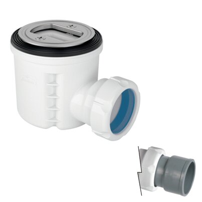 Reduced height shower tray waste outlet without cover, removable trap 50 mm.
