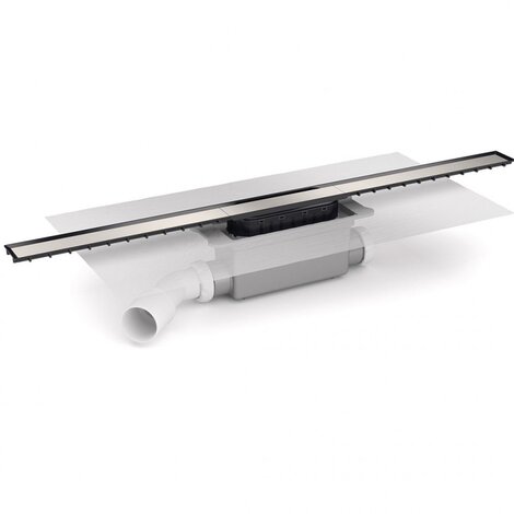 Channel with grid 40mm widht for masonry built shower. Lateral orientable outlet 40M/50M. 50 mm trap. Grid in Stainless Steel. With preinstalled geotextile membrane