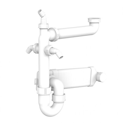 P trap with three washing machine connectors. Connection flat ring and flat pipe 85x25mm.
