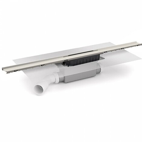Channel with grid 40mm widht for masonry built shower. Lateral orientable outlet 40M/50M. 50 mm trap. Grid in Stainless Steel. With preinstalled geotextile membrane